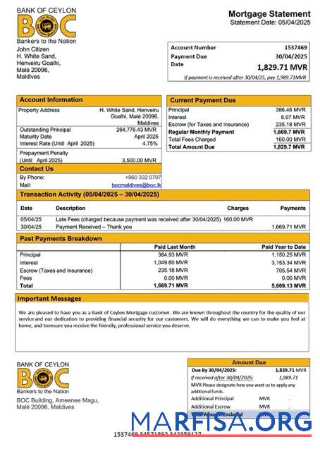 Downloadable Maldives Bank of Ceylon mortgage statement Word and PDF template